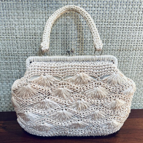 🌟2xHP🌟VTG 1960-70s Crocheted Cream Raffia Kiss Clasp Satchel Bag Jordan Marsh - Picture 7 of 12